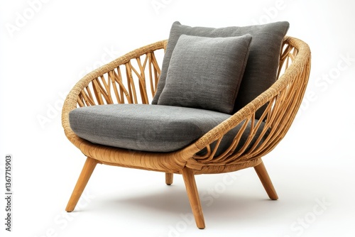 A stylish, cozy rattan chair with soft cushions perfect for lounging in modern interiors isolated on transparent background