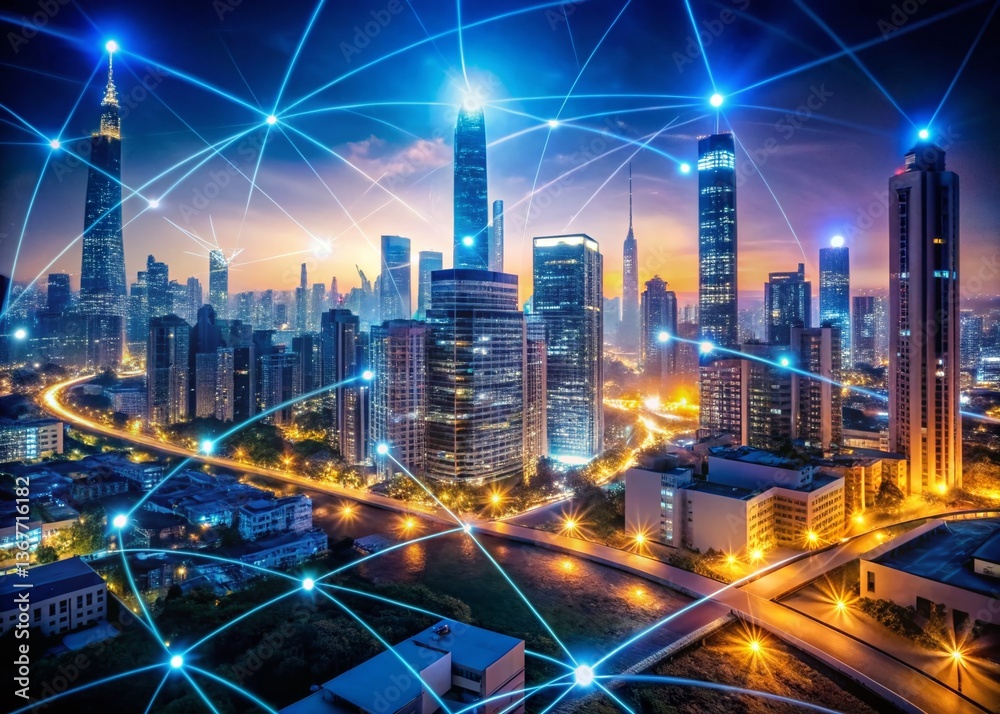 Fototapeta premium Low Light Cityscape: Interconnected Digital Communities, Global Network