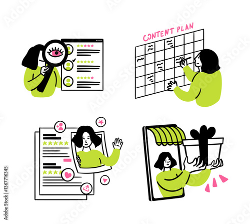 Cartoon Color Social Media Marketing Content Plan Concept Scenes Set with Women Flat Design Style. Vector illustration