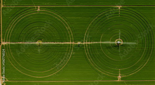 Aerial view of circular irrigation patterns in lush green agricultural fields