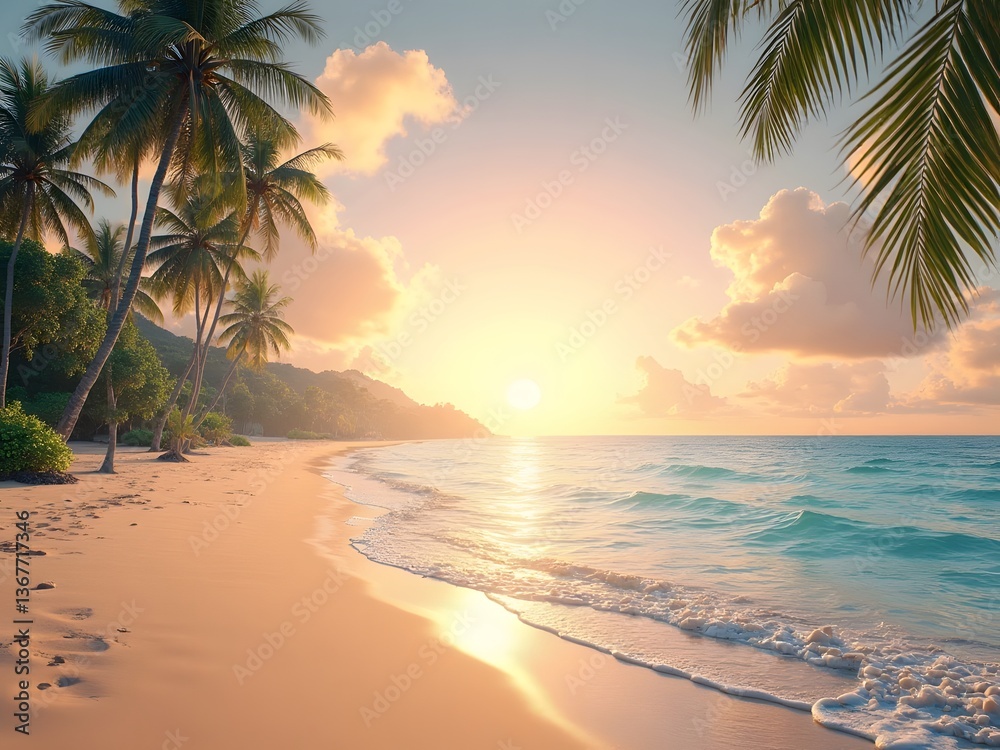Fototapeta premium Sunrise Over a Tropical Island Beach: A breathtaking panoramic view of a tropical beach at sunrise, where the golden sand glows under the soft pink and orange sky, with palm trees swaying.