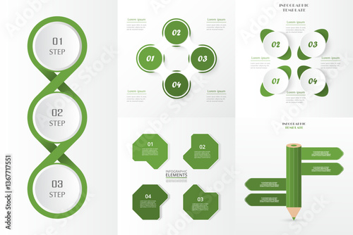 Set of green infographic templates with 3 and 4 steps, options, parts or processes.