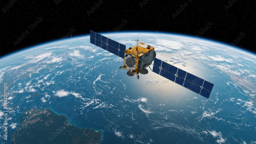 Obraz premium Satellite in orbit over Earth's blue planet, stars in the background.