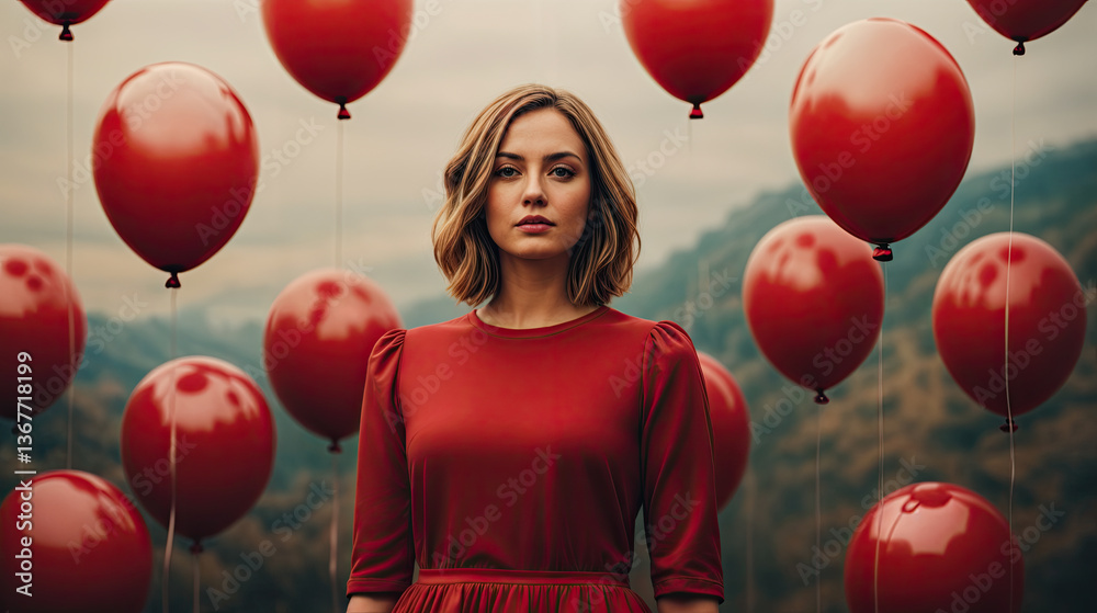 A woman in a vibrant red dress stands amidst a field of red balloons, creating a striking visual contrast against the muted backdrop.