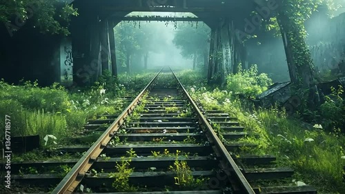 Overgrown Railroad Tracks Disappearing into Fog