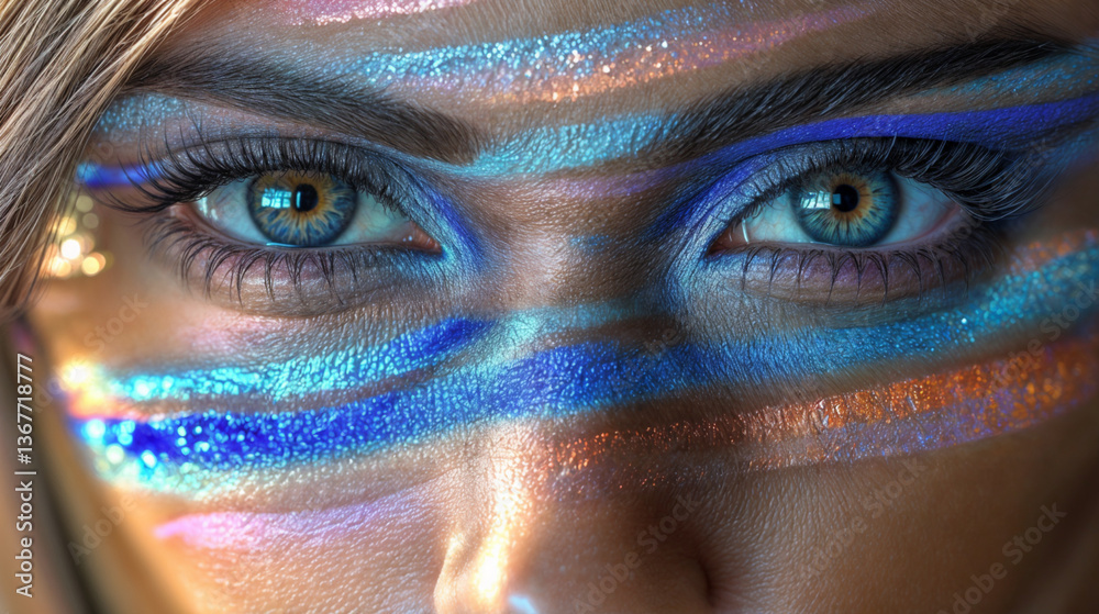 Intensely vibrant eye makeup, showcasing a spectrum of blues and shimmering metallics.
