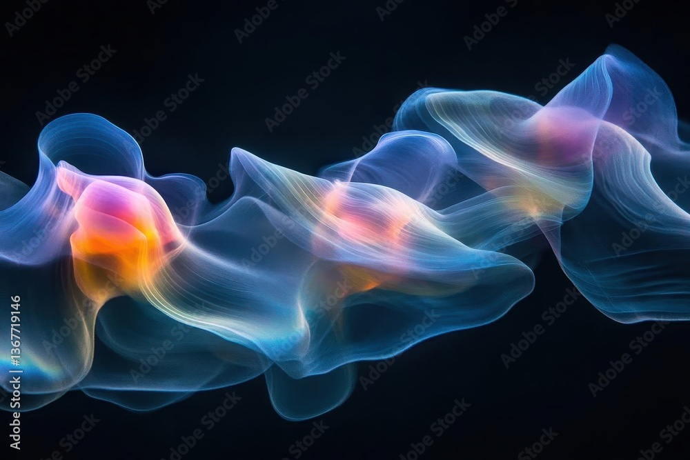 dark abstract photography of iridescent smoke tendrils forming ethereal shapes against deep black background lit by colored gel lights