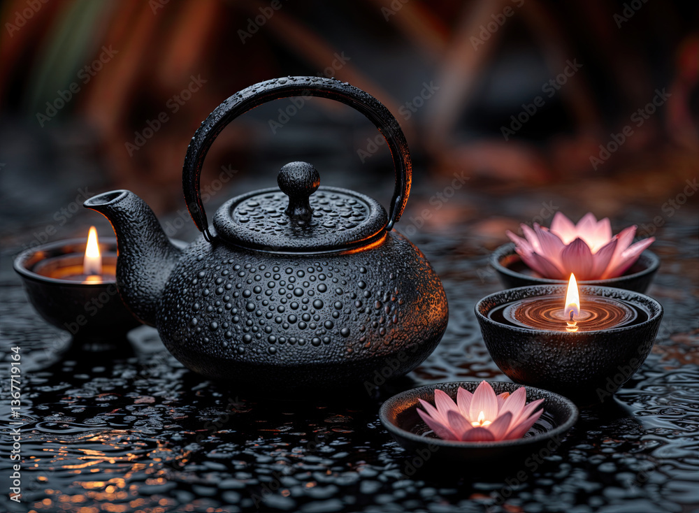 A black cast iron teapot, adorned with water droplets, sits amidst floating lotus candles.