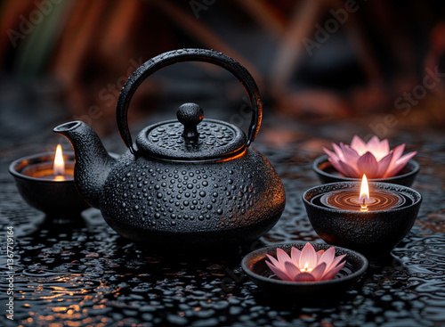 Obraz na płótnie A black cast iron teapot, adorned with water droplets, sits amidst floating lotus candles. w salonie