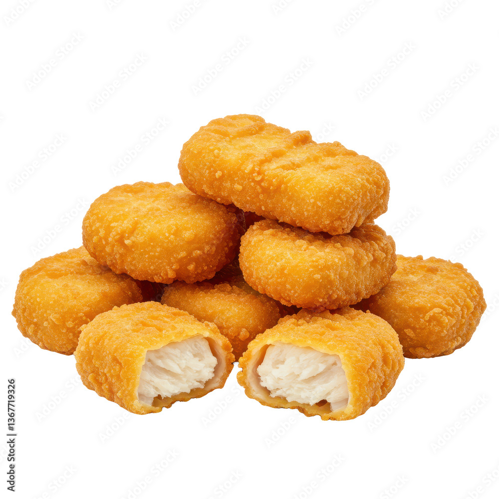 A pile of golden brown chicken nuggets with one nugget cut open isolated on transparent background A pile of golden brown chicken nuggets with one nugget cut open isolated on transparent background