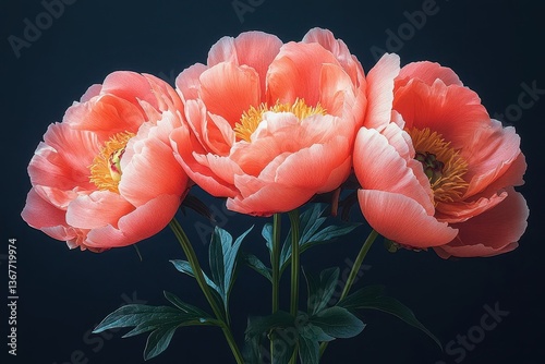 dark and moody botanical still life of vibrant pink and coral peonies against deep black background dramatic lighting emphasizing delicate petals and textures