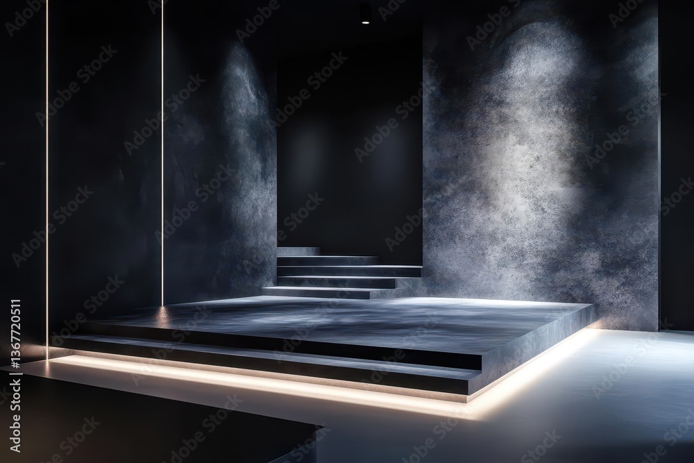 dark luxury product display platform with dramatic side lighting modernist concrete architecture and moody atmospheric shadows