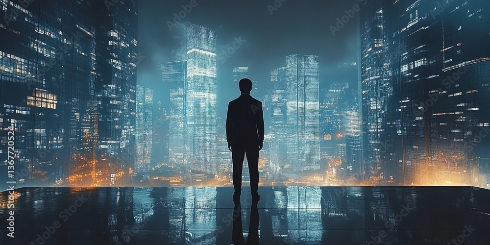 Business man on future network city Business man on future network city