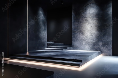 Obraz na płótnie dark luxury product display platform with dramatic side lighting modernist concrete architecture and moody atmospheric shadows w salonie