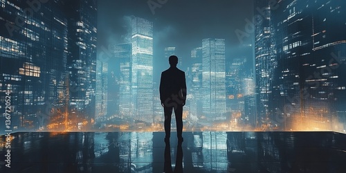 Business man on future network city