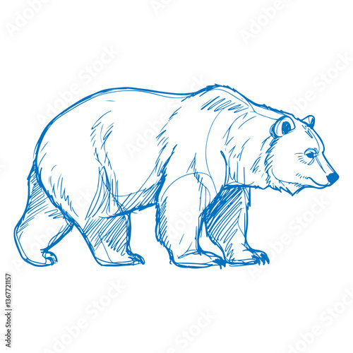 Hand-drawn sketch of a majestic grizzly bear walking in profile, vintage wildlife illustration with detailed fur texture, monochrome ink-style drawing, nature-inspired artistic depiction of a powerful