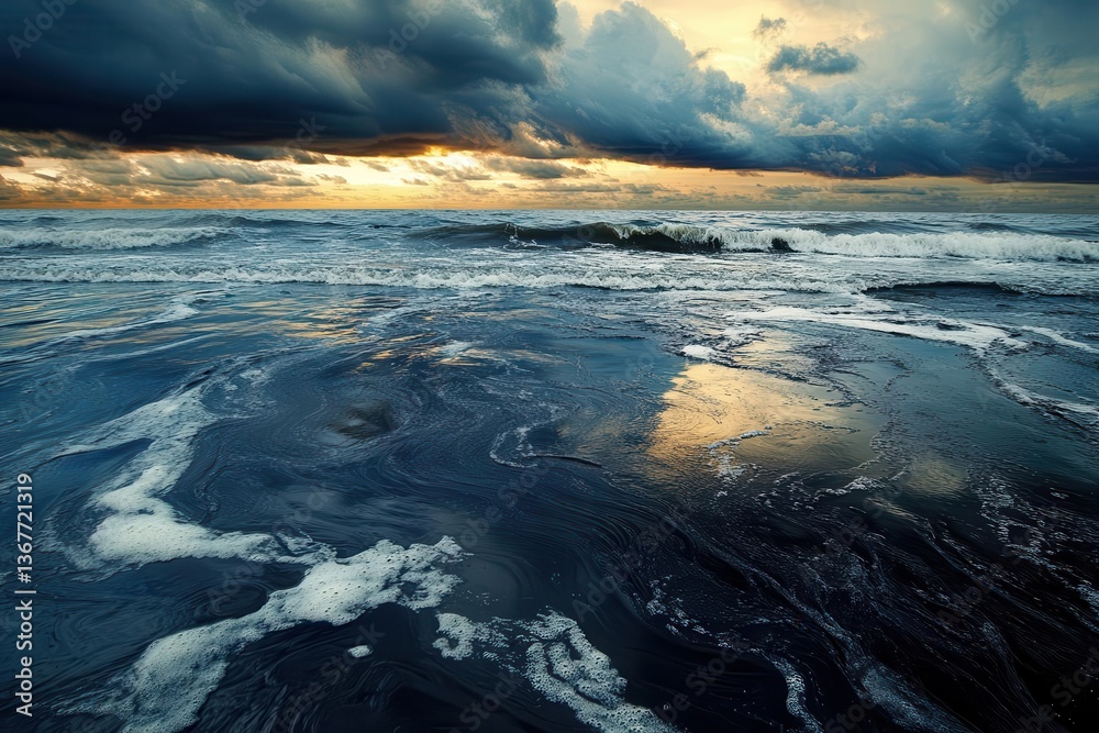 dark oil slick spreading across turbulent ocean surface reflecting ominous storm clouds environmental disaster scene