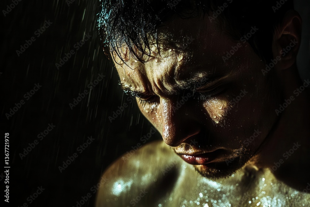 dark psychological portrait man in shadowy room harsh lighting sweatcovered face anguished expression gritty texture dramatic contrasts