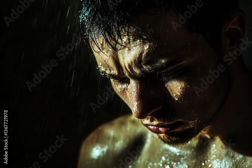 Obraz na płótnie dark psychological portrait man in shadowy room harsh lighting sweatcovered face anguished expression gritty texture dramatic contrasts w salonie