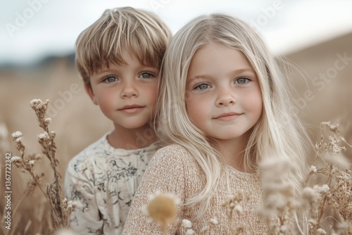 adorable blonde kids playing in field