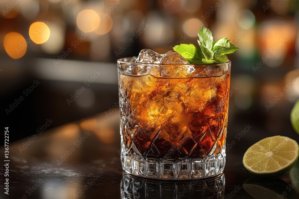 dark rum cocktail in crystal glass with lime garnish dramatic lighting creating mysterious atmosphere against black marble bar