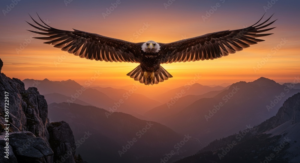 Fototapeta premium Majestic eagle soaring against a vibrant sunset over rugged mountain landscape