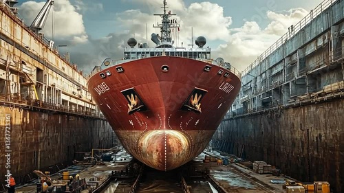Massive Cargo Ship in Dry Dock for Repairs