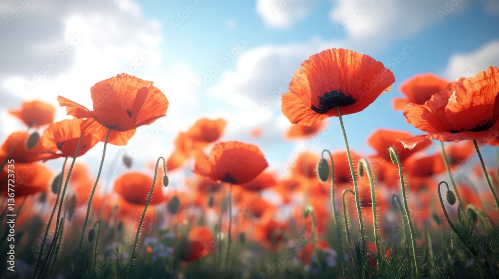 Obraz premium A vibrant field of blooming poppies under a bright blue sky.