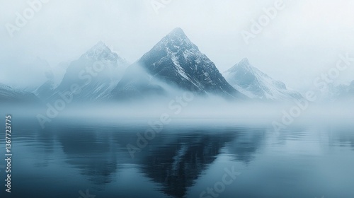 Wallpaper Mural Mystical mountains rise gracefully from a tranquil lake, enveloped in soft mist. The cool colors evoke a dreamlike atmosphere, inviting quiet contemplation and exploration of nature's beauty Torontodigital.ca