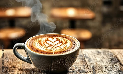 Steaming cup of cappuccino with intricate latte art