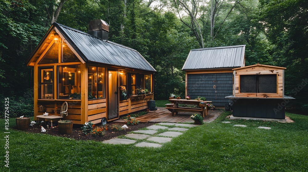 A cute farm-style tiny home with a mini barn and a chicken coop A cute farm-style tiny home with a mini barn and a chicken coop
