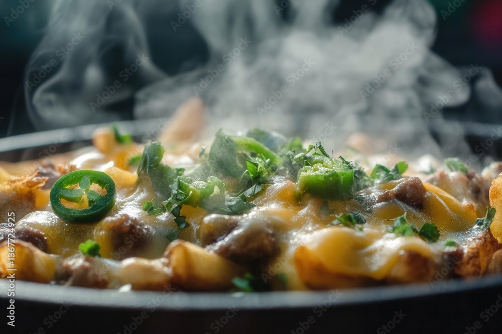 decadent closeup of gourmet loaded fries melting cheese cascading over crispy potatoes steam rising garnished with fresh jalapenos and herbs
