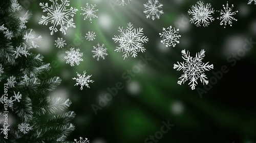 Falling snowflakes, green forest, winter scene, holiday card
