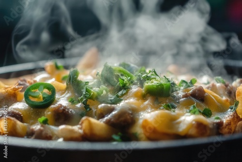 Obraz na płótnie decadent closeup of gourmet loaded fries melting cheese cascading over crispy potatoes steam rising garnished with fresh jalapenos and herbs w salonie