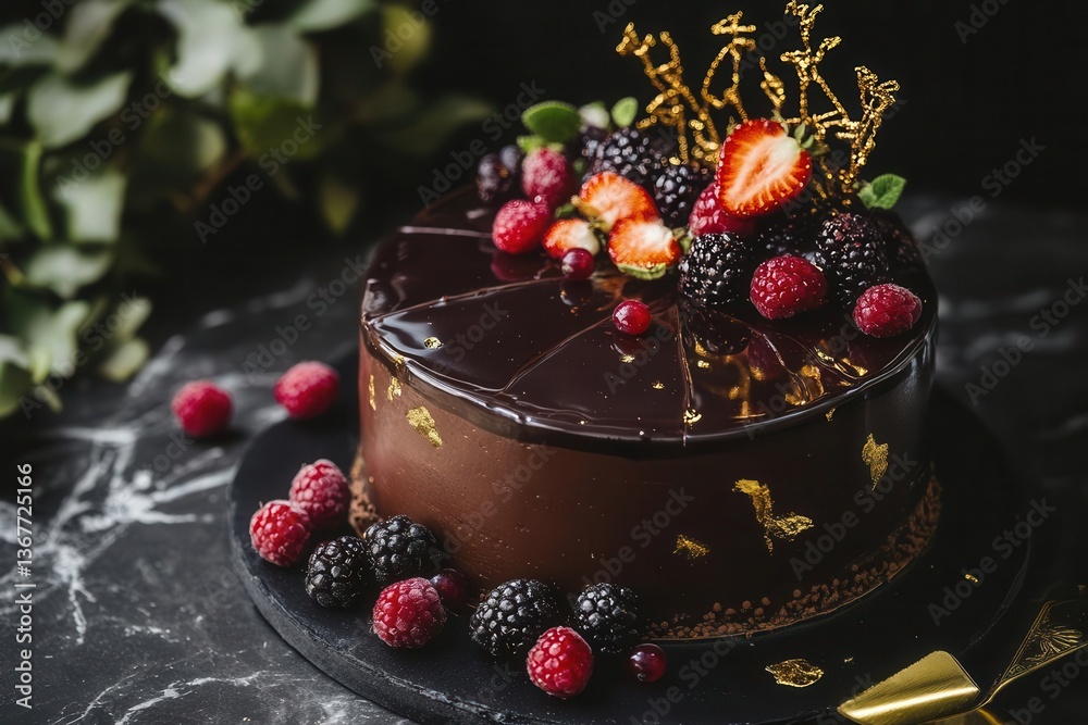 decadent dark chocolate mousse cake with mirror glaze garnished with gold leaf fresh berries and spun sugar sculptures on black marble