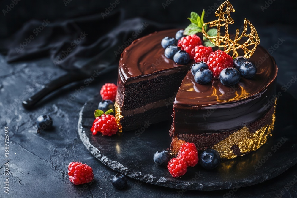 decadent dark chocolate mousse cake with mirror glaze garnished with gold leaf fresh berries and spun sugar sculptures on black marble