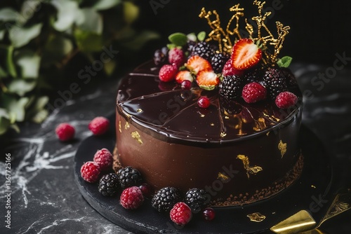 Obraz na płótnie decadent dark chocolate mousse cake with mirror glaze garnished with gold leaf fresh berries and spun sugar sculptures on black marble w salonie