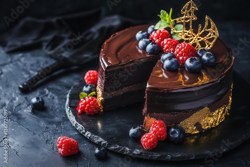 Obraz na płótnie decadent dark chocolate mousse cake with mirror glaze garnished with gold leaf fresh berries and spun sugar sculptures on black marble w salonie