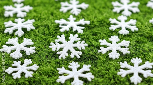 White snowflakes on green moss, holiday background, craft decor