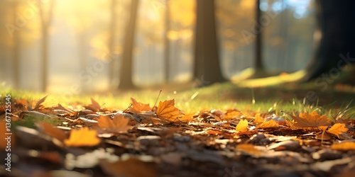 Autumn leaves falling on the ground in an autumn forest with sunlight and a blurred background. 