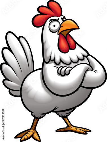Serious white rooster crossed his wings on his chest, vector drawing