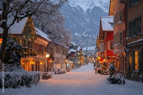 Evening landscape of Christmas city streets in Brig, Switzerland
