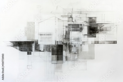 deconstructed architectural drawings floating in white space with geometric shapes blueprint fragments and technical sketches merging into abstract forms