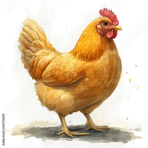 A watercolor painting of a chicken, isolated on a white background. Chicken vector.

