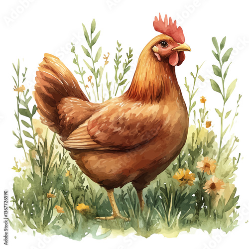 A watercolor painting of a chicken, isolated on a white background. Chicken vector.

