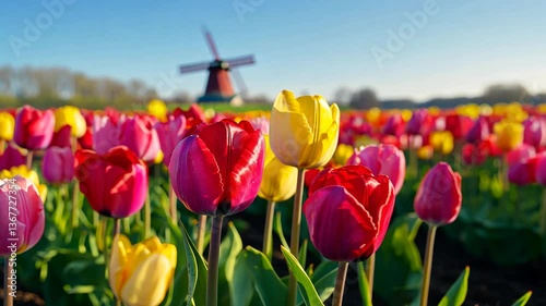 A colorful tulip field stretches under a clear blue sky, with a picturesque windmill in the background.