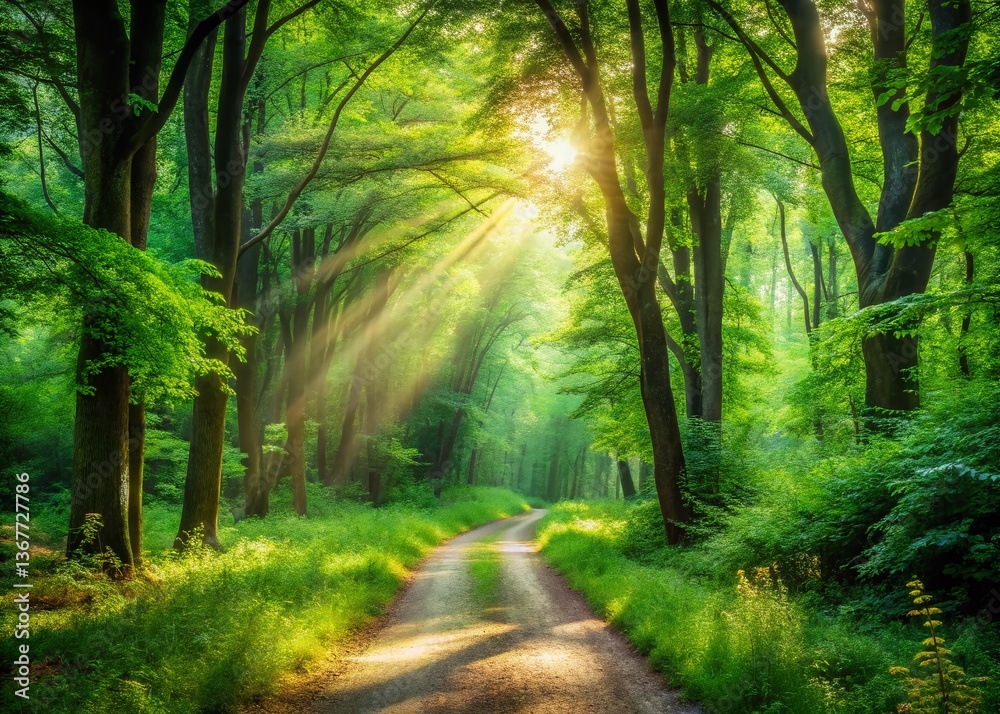 Fototapeta premium Lush Green Forest Path: Tranquil Nature Scene with Copy Space