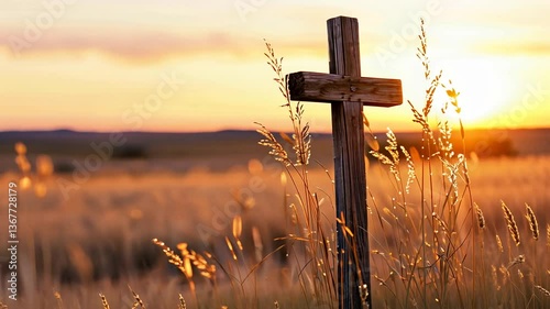A tranquil autumn sunrise illuminates a wooden cross in a peaceful meadow.