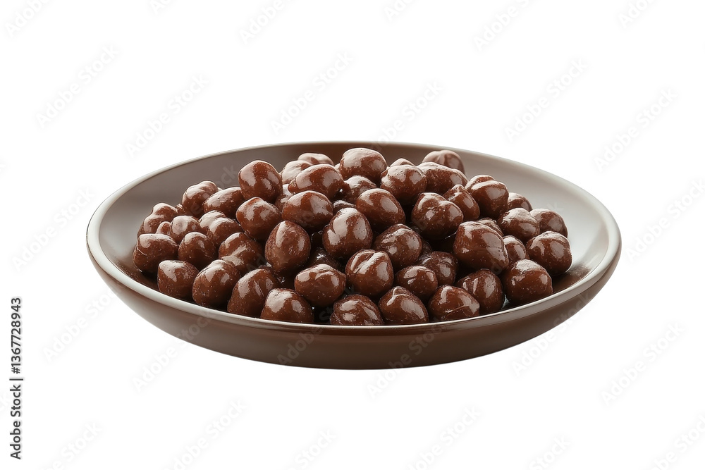 Fototapeta premium A Decadent Bowl Of Chocolate-covered Chickpeas, A Delightful Treat For Any Occasion, Presented On A Rich Brown Plate Against A Pure Isolated on Transparent Background