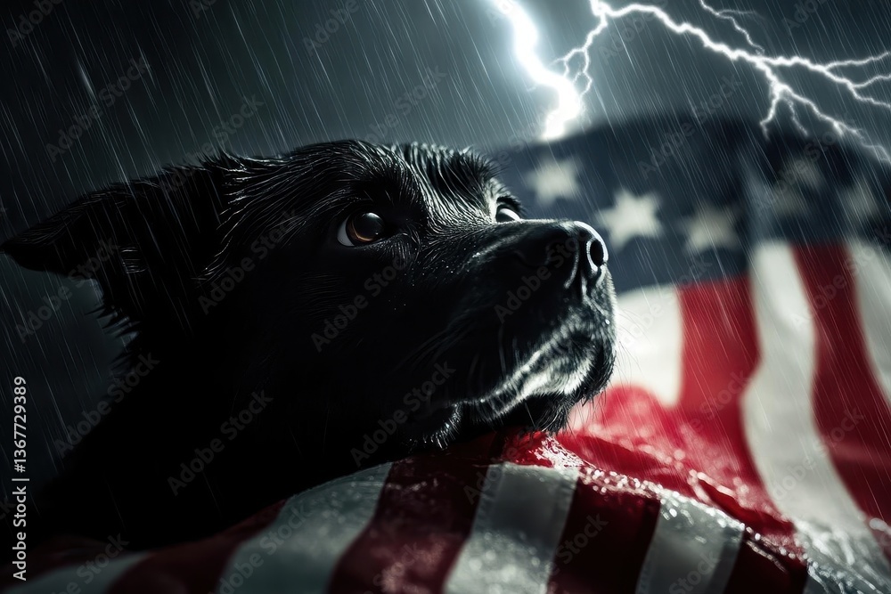 defiant american flag emerging through storm clouds lightning strikes dramatic contrast rainsoaked fabric patriotic atmosphere